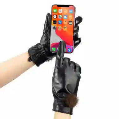 上海故事 真皮加绒加厚保暖外出骑行防风防寒防泼水可触屏 羊皮革 绒线手套 女款 黑色