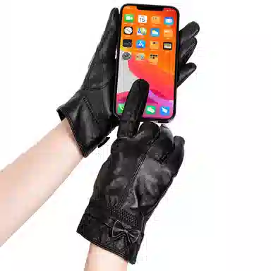 上海故事 真皮加绒加厚保暖外出骑行防风防寒防泼水可触屏 羊皮革 绒线手套 女款 黑色