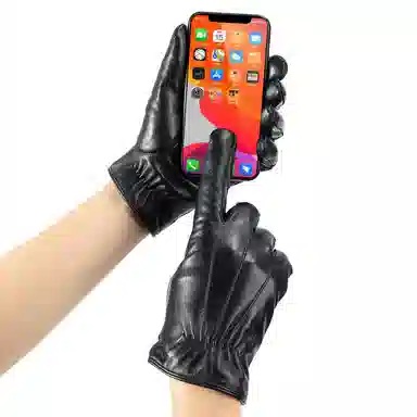 上海故事 时尚加绒加厚外出骑车防风防寒出行防水保暖 羊皮革 绒线手套 男款 黑色