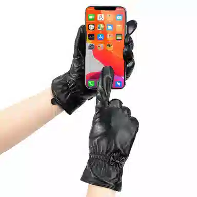 上海故事 真皮加绒加厚保暖外出骑行防风防寒防泼水可触屏 羊皮革 绒线手套 女款 黑色