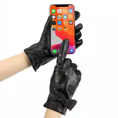 上海故事 真皮加绒加厚保暖外出骑行防风防寒防泼水可触屏 羊皮革 绒线手套 女款 黑色