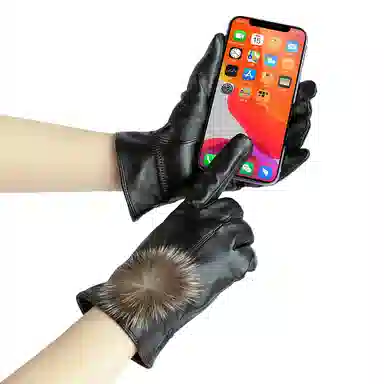 上海故事 真皮加绒加厚保暖外出骑行防风防寒防泼水可触屏 羊皮革 绒线手套 女款 黑色