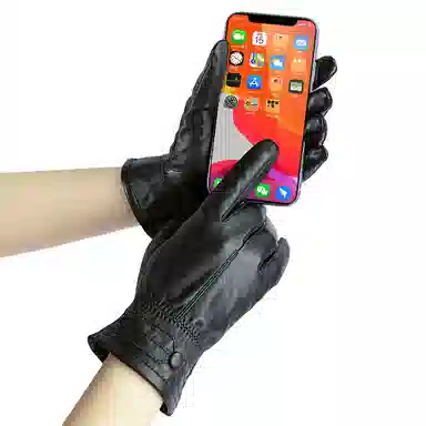 上海故事 真皮加绒加厚保暖外出骑行防风防寒防泼水可触屏 羊皮革 绒线手套 女款 黑色