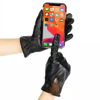 上海故事 真皮加绒加厚保暖外出骑行防风防寒防泼水可触屏 羊皮革 绒线手套 女款 黑色