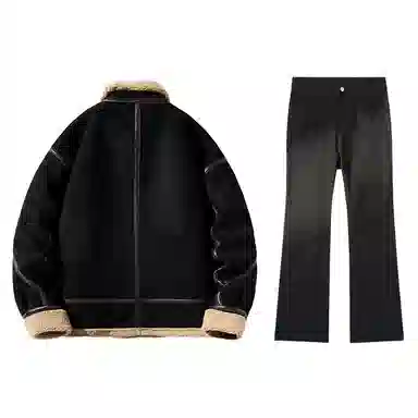 啄木鸟 美式雪山简约风蓬松面包服宽松立领保暖百搭棉服水洗直筒牛仔长裤休闲运动套装 男款