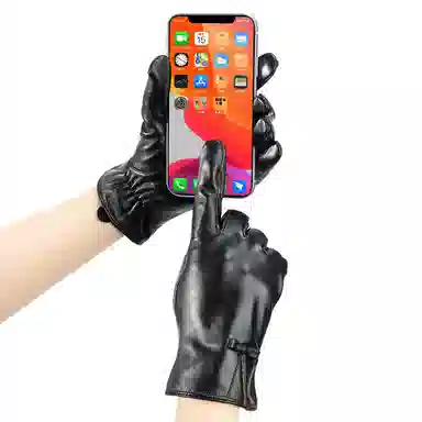 上海故事 真皮加绒加厚保暖外出骑行防风防寒防泼水可触屏 羊皮革 绒线手套 女款 黑色