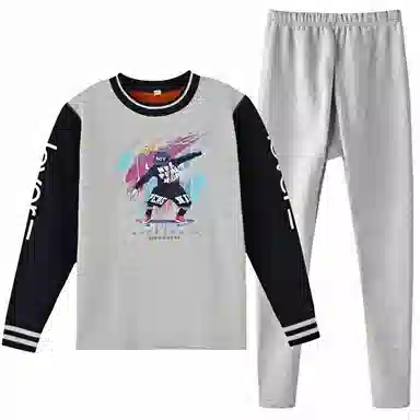 兰缪 青少年加厚圆领黄金绒个性卡通涂鸦不易褪色防刮耐磨不易起球抗寒蓄热锁温透气舒适可外穿家居服保暖套装 男款