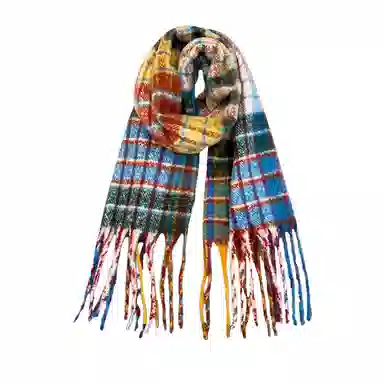 北极绒 彩虹格子流苏冬季新款韩版百搭保暖围脖披肩两用加厚 聚酯纤维 绒线围巾 男女同款情侣款