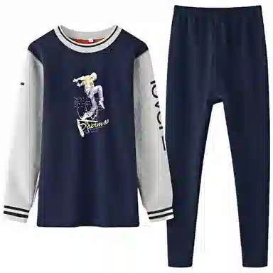 兰缪 圆领加厚黄金绒青少年家居服个性卡通涂鸦不易褪色防刮耐磨不易起球抗寒蓄热锁温舒适透气可外穿保暖套装 男款