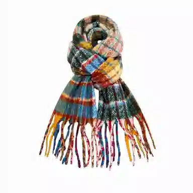 北极绒 彩虹格子流苏冬季新款韩版百搭保暖围脖披肩两用加厚 聚酯纤维 绒线围巾 男女同款情侣款