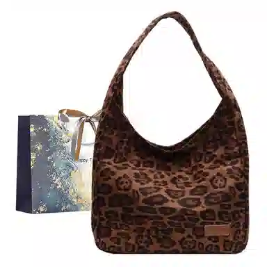 伊曼家 豹纹包时尚小众大容量通勤托特包 皮绒 单肩包 女款 棕色/咖啡色