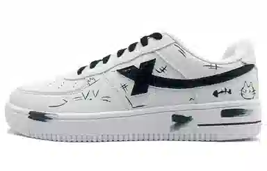 【定制球鞋】特步 空军一号 小猫钓鱼 手绘涂鸦 舒适休闲 时尚百搭 防滑耐磨 低帮 板鞋 男款 黑白