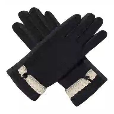 上海故事 蕾丝边优雅小香风秋冬季户外高弹保暖时尚针织 混纺 绒线手套 女款 浅紫 浅杏色 黑色 淡粉 卡其