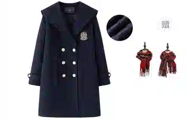 东鲸岁时记 海军领毛呢学院风牛角扣单排扣呢子大衣 女款 绀色