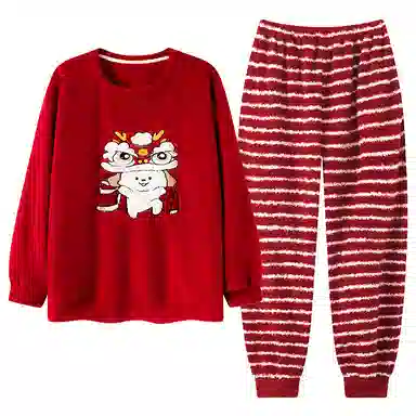 棉基因 舒适亲肤长袖保暖加厚半边绒简约长裤家居服睡衣套装 男女同款