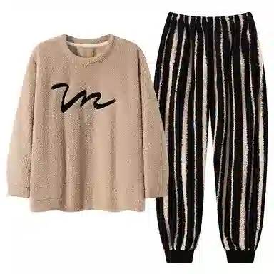 棉基因 舒适亲肤长袖保暖加厚半边绒简约长裤家居服睡衣套装 男女同款