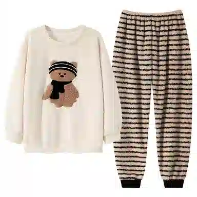 棉基因 舒适亲肤长袖保暖加厚半边绒简约长裤家居服睡衣套装 男女同款