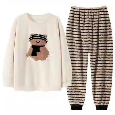 棉基因 舒适亲肤长袖保暖加厚半边绒简约长裤家居服睡衣套装 男女同款