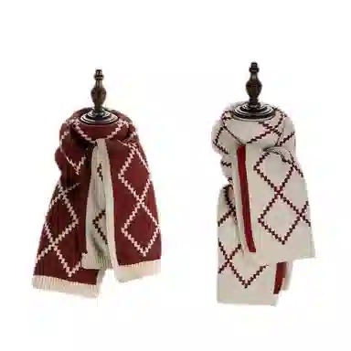 八小万 双面百搭高级感保暖加厚 毛线针织格子 腈纶 绒线围巾 女款