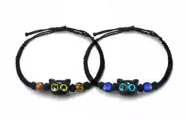 牧言 简约小众高级感 可爱呆萌大眼猫猫双色编织黑绳可调节手饰 猫咪手链 男女同款情侣款