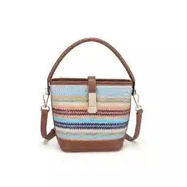 红蜻蜓 小众设计简约编织撞色 织物 水桶包单肩包手提包 女款 彩虹色