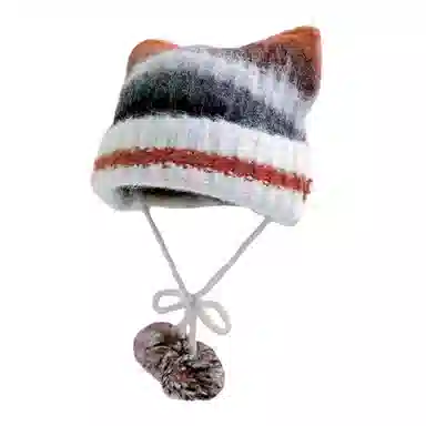 北极绒 冬季亚比风混色条纹猫耳朵学生甜美可爱保暖护耳 聚酯纤维 绒线帽 男女同款情侣款