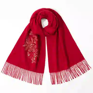 上海故事 红披肩女外搭秋冬加厚保暖时尚刺绣外出防寒小围脖女士 绵羊毛 绒线围巾 女款
