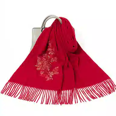 上海故事 红披肩女外搭秋冬加厚保暖时尚刺绣外出防寒小围脖女士 绵羊毛 绒线围巾 女款