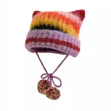 北极绒 冬季亚比风混色条纹猫耳朵学生甜美可爱保暖护耳 聚酯纤维 绒线帽 男女同款情侣款