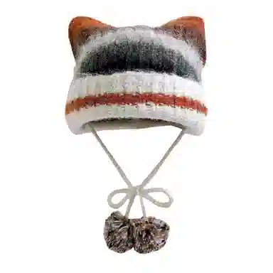 北极绒 冬季亚比风混色条纹猫耳朵学生甜美可爱保暖护耳 聚酯纤维 绒线帽 男女同款情侣款