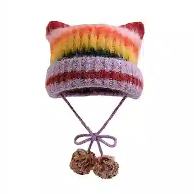 北极绒 冬季亚比风混色条纹猫耳朵学生甜美可爱保暖护耳 聚酯纤维 绒线帽 男女同款情侣款