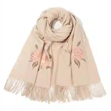 上海故事 喜庆红国风花卉刺绣空调房办公室保暖外搭两用 绵羊毛 绒线围巾 女款