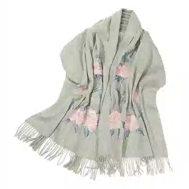 上海故事 喜庆红国风花卉刺绣空调房办公室保暖外搭两用 绵羊毛 绒线围巾 女款