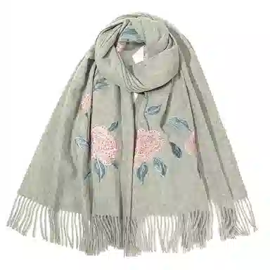 上海故事 喜庆红国风花卉刺绣空调房办公室保暖外搭两用 绵羊毛 绒线围巾 女款