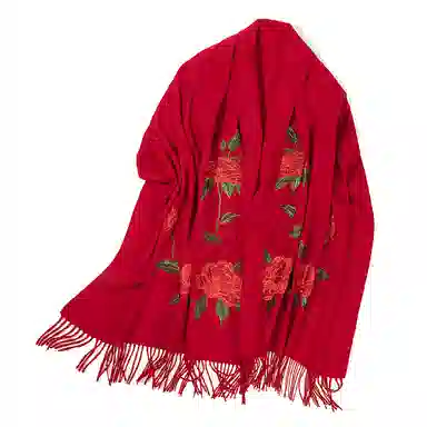 上海故事 喜庆红国风花卉刺绣空调房办公室保暖外搭两用 绵羊毛 绒线围巾 女款