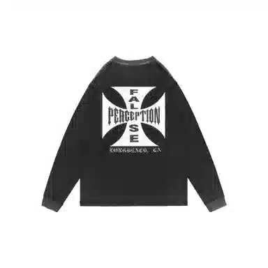 False Perception Distressed Cross Logo Long Sleeve Pullover Black