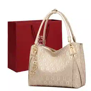 老人头 真皮包包女通勤压花小众设计高级质感大容量中年妈妈母亲托特包手挽 二层牛皮 单肩手拎腋下手提包 女款 金色