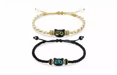 牧言 简约小众高级感 可爱呆萌大眼猫猫双色编织黑绳可调节手饰 猫咪手链 男女同款情侣款