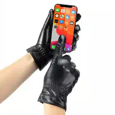 上海故事 时尚加绒加厚外出骑车防风防寒出行防水保暖 羊皮革 绒线手套 男款 黑色