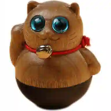 天纵 新中式财源滚滚创意文玩 办公室桌面吉祥物手工艺品  实木雕刻可爱招财猫不倒翁好运手把件 楠木 摆件 男女同款情侣款