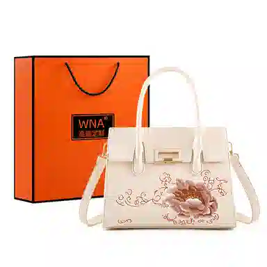 维尼奥 大气国风百合花刺绣小众大容量优雅妈妈 合成革 手提包单肩斜挎包 女款 米白色/杏色