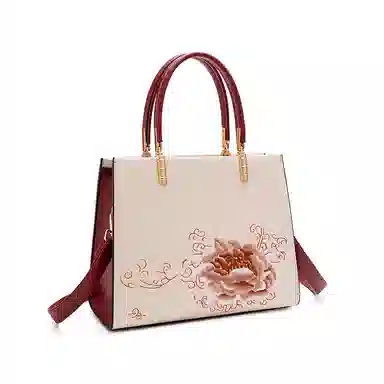 维尼奥 大气国风百合花刺绣小众大容量优雅妈妈 合成革 手提包单肩斜挎包 女款 米白色/杏色