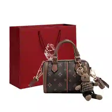 老人头 时尚百搭通勤复古印花手提小包圆筒型 合成革 波士顿枕头斜挎包单肩包 女 啡色