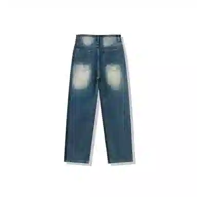 我是大卫 美式复古水洗做旧直筒高街百搭潮牌宽松阔腿牛仔裤 男女同款 深蓝色