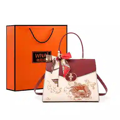 维尼奥 大气国风百合花刺绣小众大容量优雅妈妈 合成革 手提包单肩斜挎包 女款 米白色/杏色