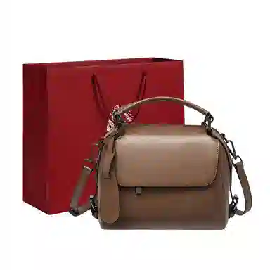 老人头 复古耐用通勤实用大气简约 牛皮拼合成革 斜挎手提单肩包 女款 焦糖色