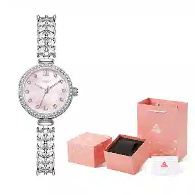 匹克手表女士款学生职场穿搭轻奢小众高级感满钻大牌正品 石英机芯 精钢表带 国表 女表 粉色表盘 防水高颜值礼盒套装