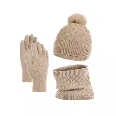 梦特娇 深冬加厚保暖纯色简约毛绒针织三件套 羊驼绒 围脖 男女同款情侣款