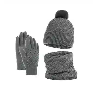 梦特娇 深冬加厚保暖纯色简约毛绒针织三件套 羊驼绒 围脖 男女同款情侣款