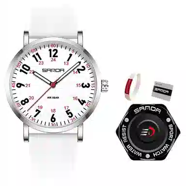 三达简约时尚考生专用静音走时超薄表壳 石英机芯 硅胶表带 国表 男女同款 白色表盘 防水夜光